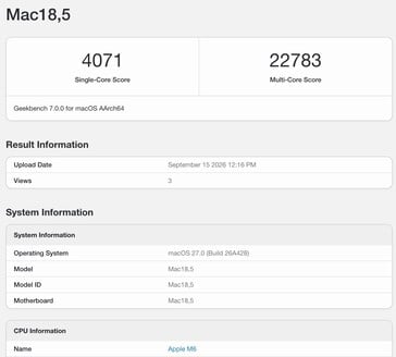 Apple M6 在 Geekbench 7 中的测试结果。