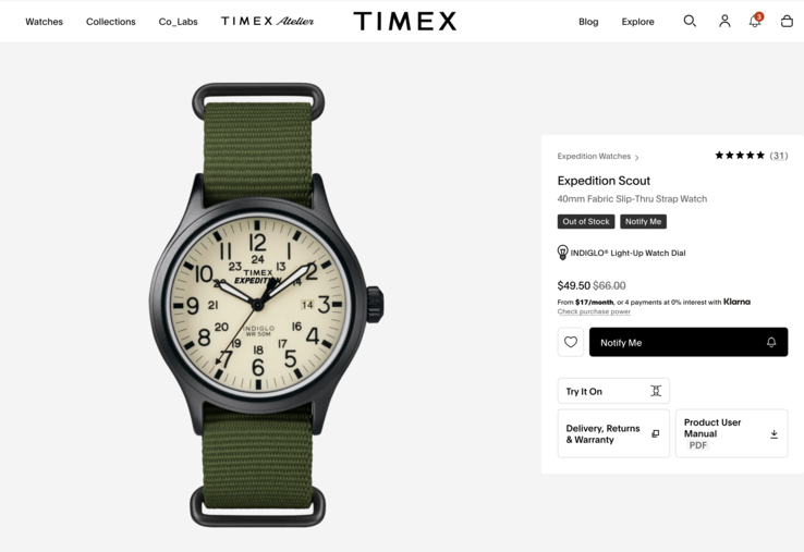 例如,这款 Timex Expedition Scout 型号售价为 50 美元。不过,很遗憾它已售罄。