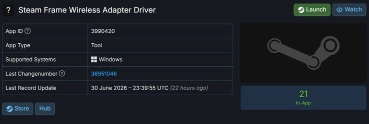 SteamDB 上列出的 Steam Frame 无线适配器驱动程序。