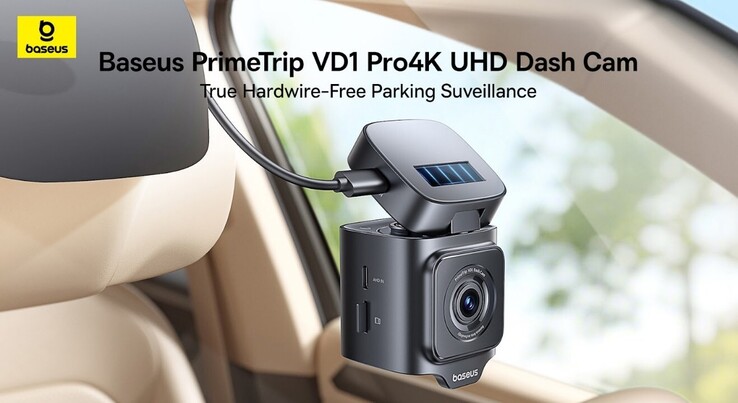 PrimeTrip VD1 Pro 摄像头配有太阳能电池板和内置电池，可实现无硬线停车监控。(图片来源：Baseus）