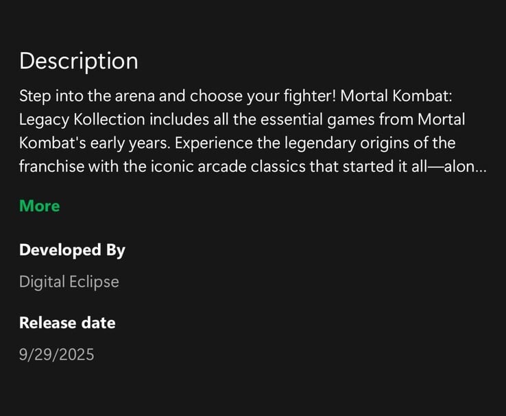真人快打》的 Xbox 应用程序列表泄露：Legacy Kollection》将于 2025 年 9 月 29 日发售（图片来源：u/ByrdofMemes via Imgur，最初在 Reddit 上分享）
