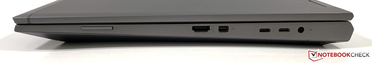 右侧。SD读卡器、HDMI 2.0b、Mini-DisplayPort 1.4、2个Thunderbolt 4（USB 4，40 Gbps）、电源