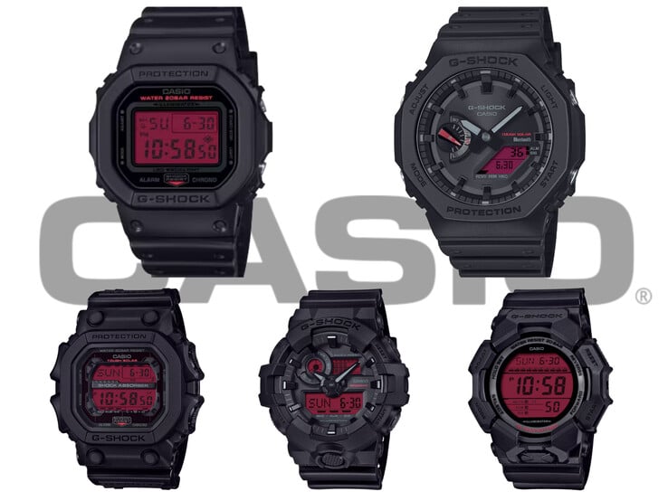 从左上角开始顺时针方向依次为：卡西欧 DW-5600BBR-1、GA-B2100BBR-1A、GD-010BBR-1JF、GA-700BBR-1AJF 和 GX-56BBR-1A--"黑红双色 "G-Shock 全线产品一览。(图片来源：卡西欧）