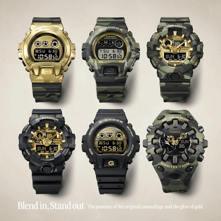 G-Shock GM-6900CMG-3、DW-6900CMG-3、GA-700CMG-3AJF、GA-700CF-1A、DW-6900CF-1 和 GA-V01CMG-3A(名称从左上方开始向右排列)