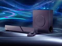 ROG Gjallar 游戏 soundbar 包含一个无线低音炮和一个控制中心。