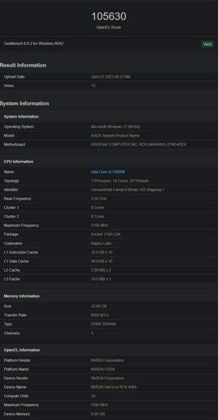 NvidiaGeForce RTX 4060 OpenCL性能（图片来自Geekbench）