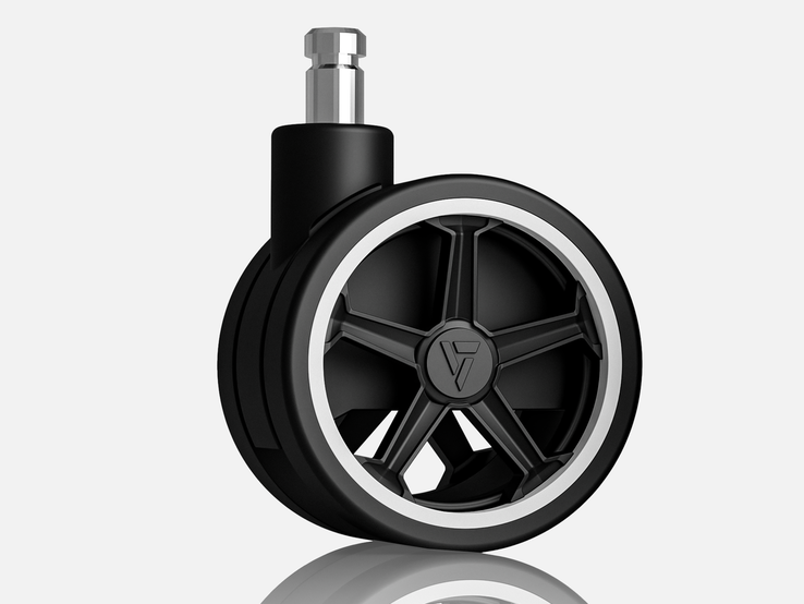 游戏椅下方的每个 Penta RS1 脚轮（如图）都带有奥迪主题的设计元素。