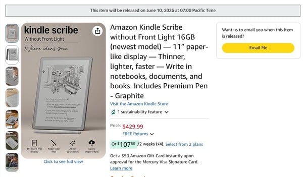不带前照灯的 Kindle Scribe 在各地区的发布日期相同。