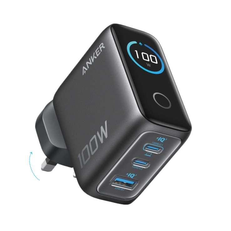 Anker 充电器（100W、3 个端口、智能显示屏）。(图片来源：Anker）