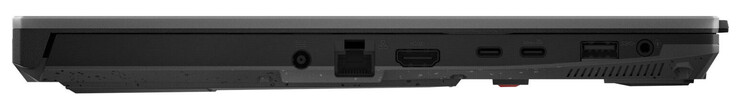 左侧电源连接器、千兆以太网、HDMI、USB 4 (USB-C；DisplayPort)、USB 3.2 Gen 2 (USB-C；Power Delivery、DisplayPort)、USB 3.2 Gen 1 (USB-A)、音频组合