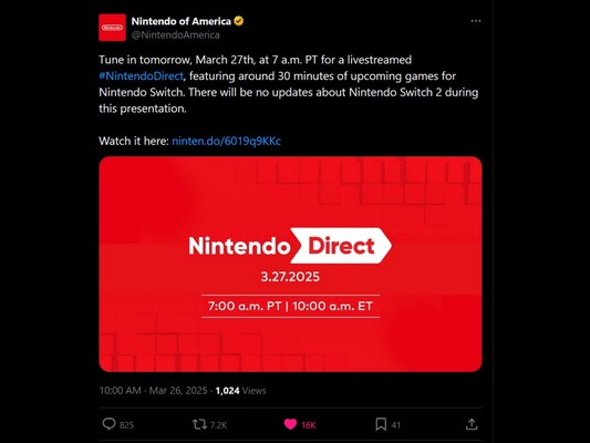 任天堂 Direct 3 月 27 日 X 公告（图片来源：截图，任天堂美国 X 账户）