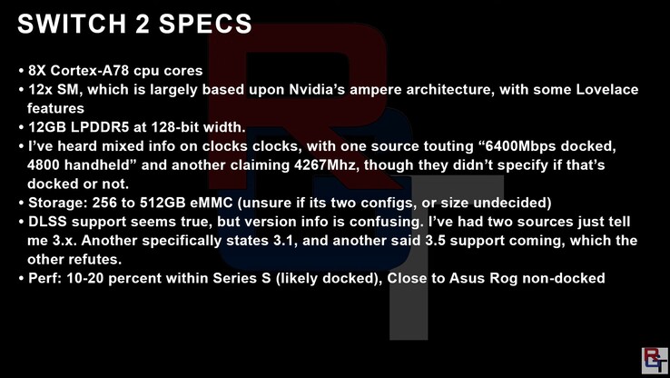 据称 "准确 "的 Switch 2 规格。(图片来源：RedGamingTech）