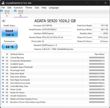 ADATA SE920 支持 PCIe 4.0 x4