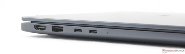 左侧:HDMI 2.1、USB-A 3.2 Gen. 1(5 Gbps)、2 个 USB-C Thunderbolt 4 接口(支持 DisplayPort 2.1 及 Power Delivery 充电功能(100 W))