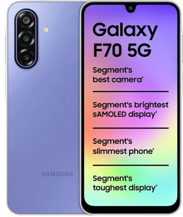 紫色 Samsung Galaxy F70 5G，展示正面和背面