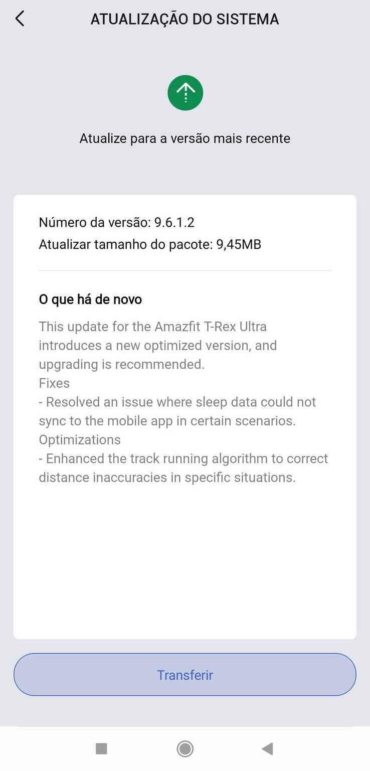 Amazfit T-Rex Ultra 9.6.1.2 版固件的发布说明。(图片来源：José Manuel Santos via Facebook）