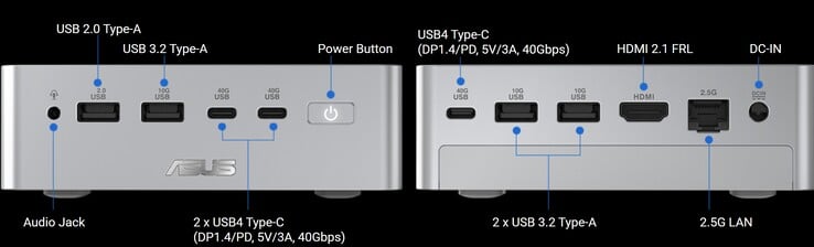 华硕 Ascent QN10 迷你 PC 端口 - 前部和后部。