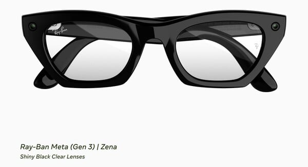 雷朋 Meta(第三代)Zena 款,配有亮黑色镜框和透明镜片。