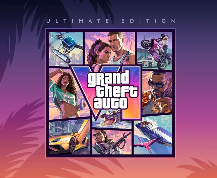《侠盗猎车手VI》终极版艺术图，展示GTA 6角色、车辆和游戏标志。