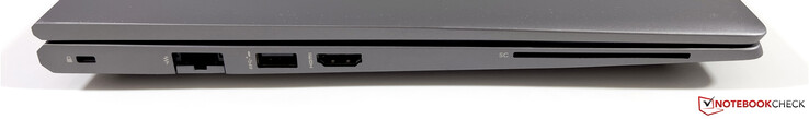 左边：Kensington Nano安全插槽，以太网，USB-A 3.2 Gen.1（5 Gbps，供电），HDMI 2.0b，智能卡阅读器