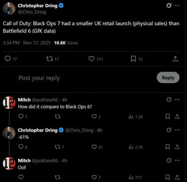 使命召唤：黑色行动 7》在英国的销量（图片来源：截图，Christopher Dring X 账户）