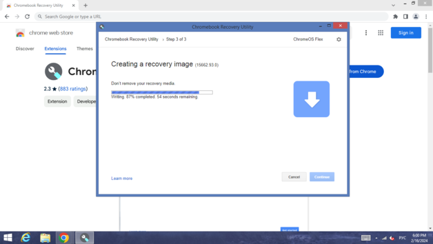 Chromebook 恢复实用程序正在工作（图片来源：屏幕截图）