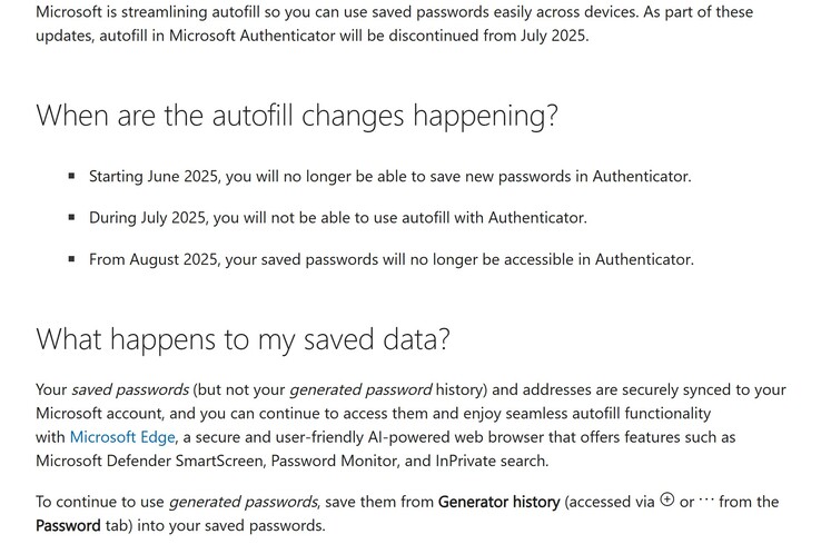 Microsoft Authenticator 密码存储更改截图。(图片来源：微软）
