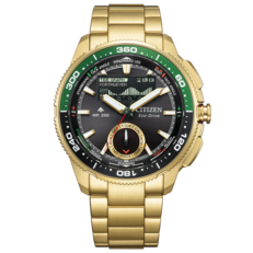 金色 Citizen Promaster Wave Tracker JV3002-51E 的正面产品图片,配有绿色表圈装饰和不锈钢表链。
