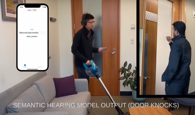 华盛顿大学人工智能语义听觉只允许特定声音通过，例如敲门声。(图片来源：YouTube 上的保罗-艾伦学校）
