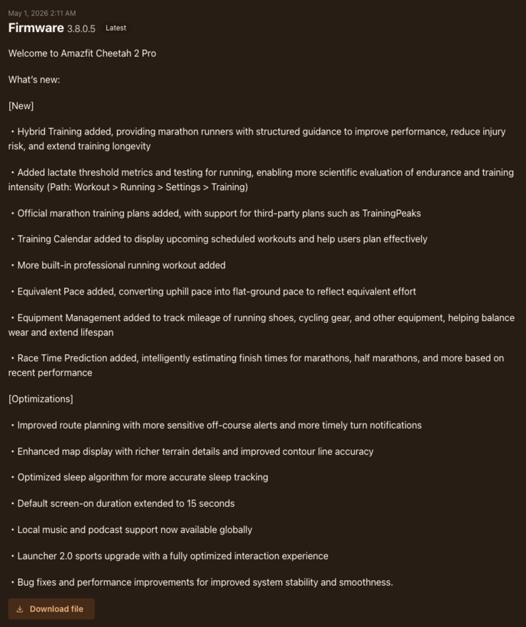 Amazfit Cheetah 2 Pro 智能手表 3.8.0.5 版固件的更改日志