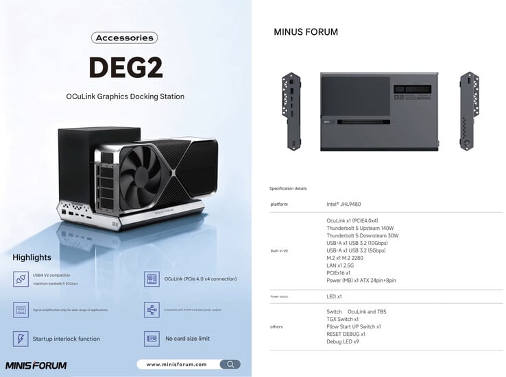 DEG2 eGPU 底座的核心规格（图片来源：Minisforum - 机器翻译）