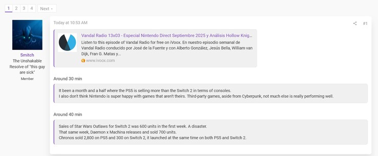Switch 2 和 PS5 游戏机在西班牙的销售情况，来自 Vandal podcast（图片来源：截图，Smitch@ResetEra 论坛）