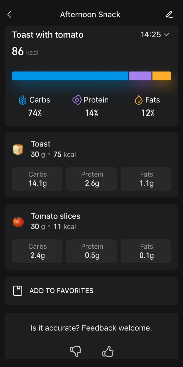 Zepp 应用程序中更新的食物日志功能截图。(图片来源：Zepp App）