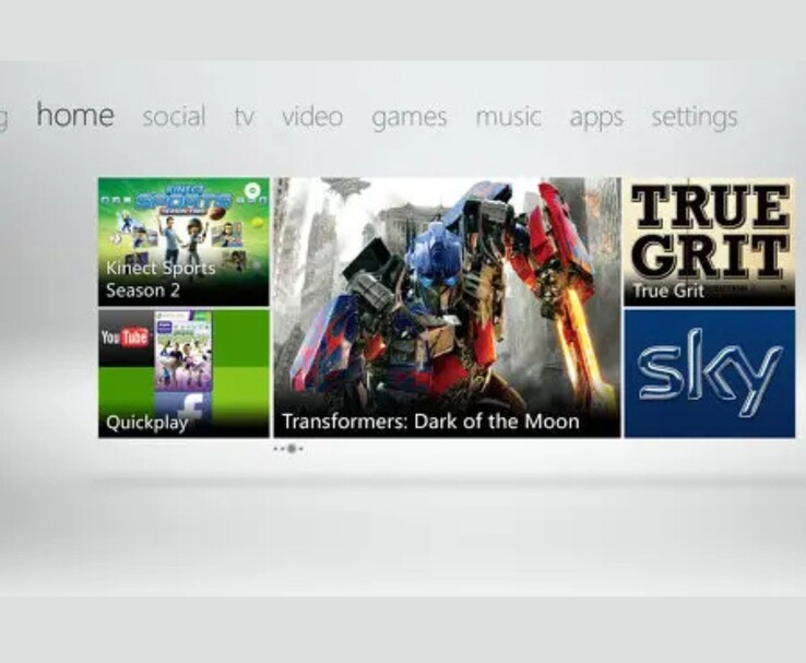 Xbox 360 面板截图，展示了 Metro UI 布局，其中《变形金刚：月黑风高》和《天空》的广告磁贴非常醒目：Dark of the Moon》、《True Grit》和《Sky》的显著广告磁贴。其他磁贴突出显示了 Kinect Sports Season 2 和 YouTube/Facebook Quickplay 应用程序。(图片来源：微软微软（Xbox 360 UI 截图来自宣传媒体）