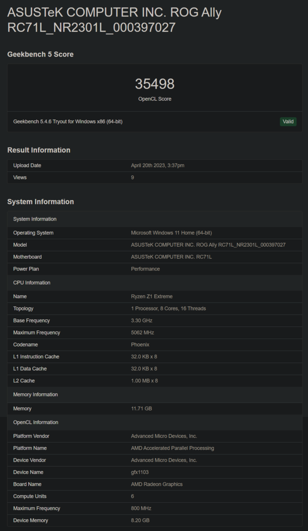 华硕ROG Ally在Geekbench上（图片来自Geekbench）。