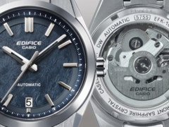 图为卡西欧 EFK-100D-2A 采用蓝色纹理表盘和透视底盖，以展示机械机芯。(图片来源：卡西欧）