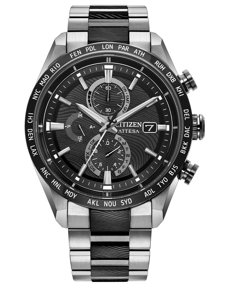 表盘亮点包括立体刻度、三重小表盘和环绕表圈的全球时区标记。