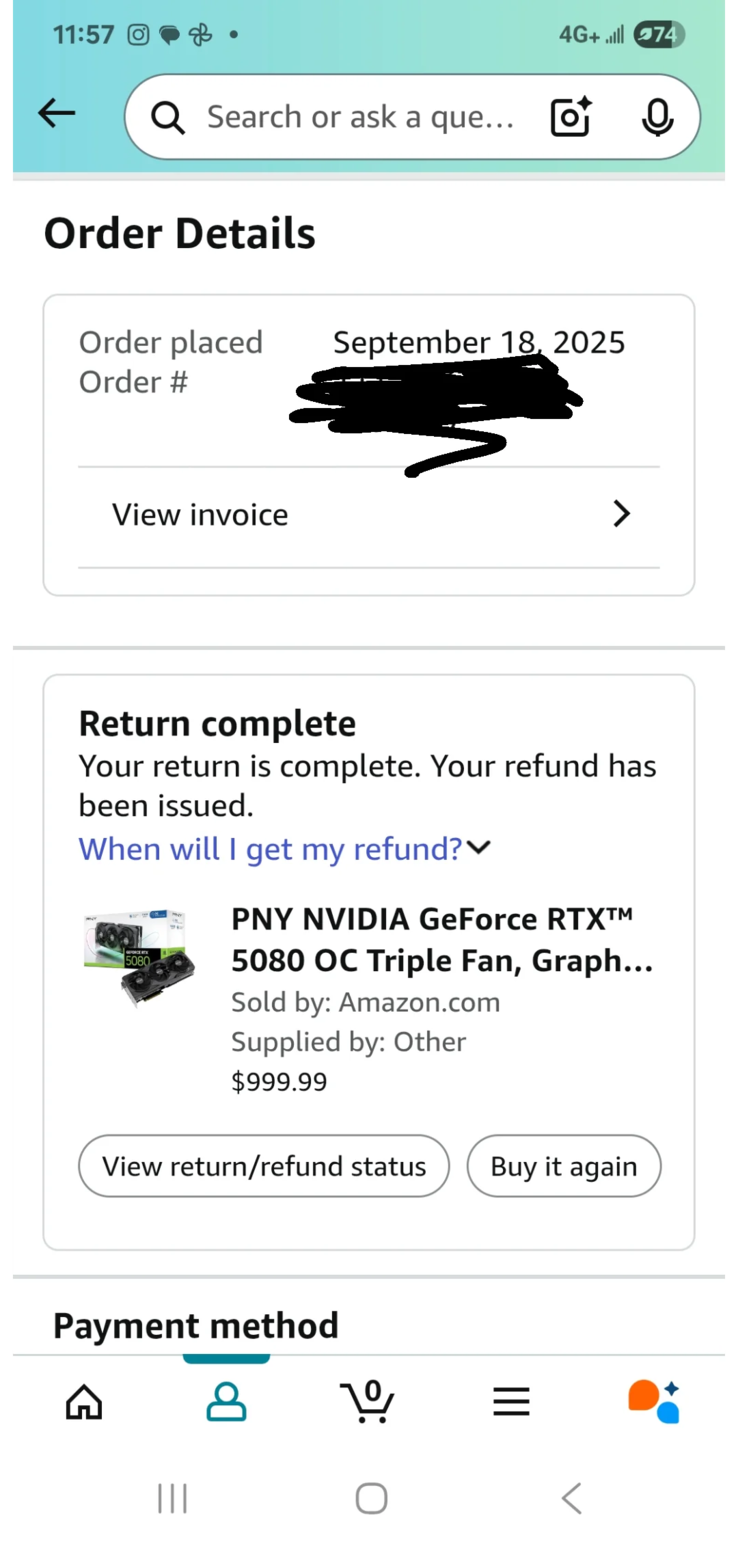 亚马逊退货成功的截图（图片来源：r/pcmasterrace）