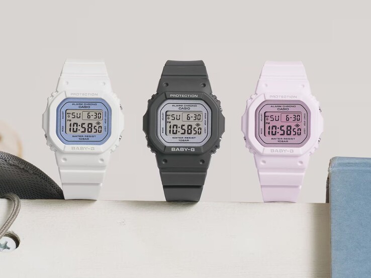 从左到右：卡西欧 Baby-G BGD-565SC-2B、BGD-565SC-1 和 BGD-565SC-4B 手表