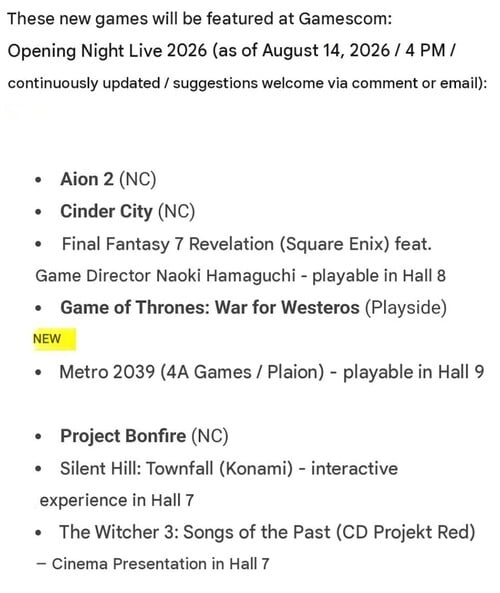 2026年科隆游戏展(Gamescom)日程安排,包含《最终幻想7:启示录》试玩演示