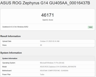 英特尔 Panther Lake iGPU OpenCL 在 Geekbench 上的得分（最差得分）。(图片来源：Geekbench）