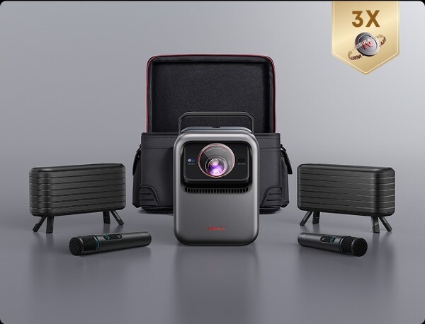 Anker Nebula 捆绑产品包括两个无线扬声器、两个麦克风和一个便携包。(图片来源：Anker Nebula)