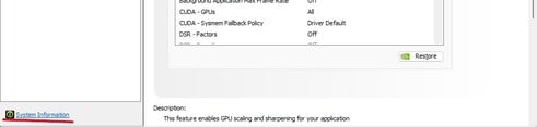 Windows 11 上 Nvidia 控制面板的截图，底部的 "系统信息 "显示为红色。 图片来源：Windows 屏幕截图