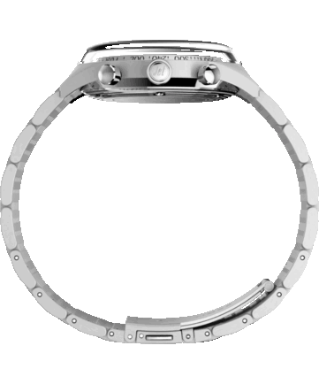 这款Timex Marlin Jet计时码表的侧视图，展示了其大型拱形Hesalite表镜、测速计表圈、不锈钢表壳、表冠以及计时按钮。