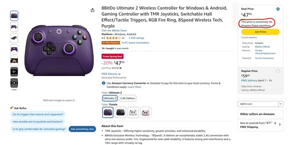 8BitDo Ultimate 2 Wireless Controller 专为亚马逊 Prime 会员提供。(图片来源：亚马逊）