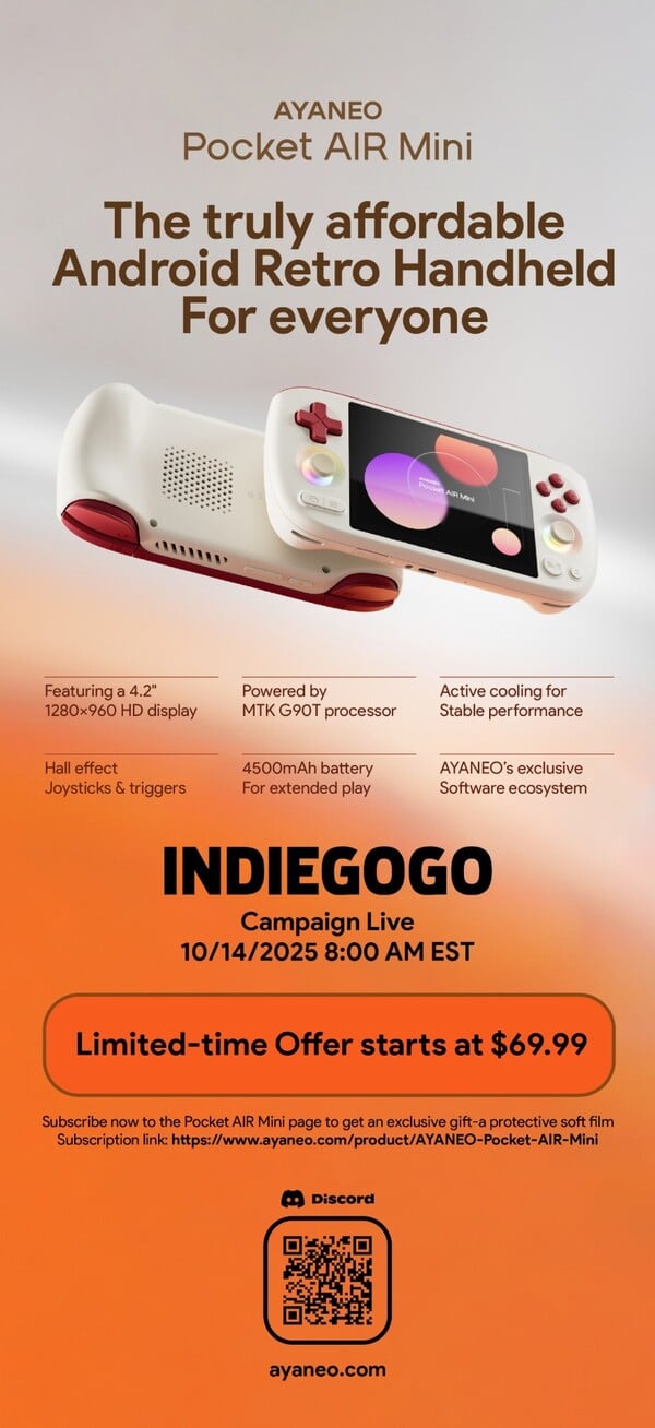Ayaneo Pocket Air Mini 可通过 Indiegogo 订购。(图片来源：Ayaneo）