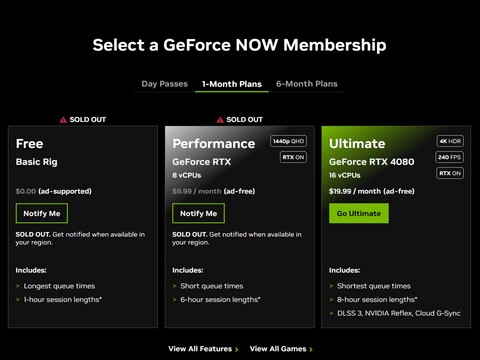 GeForce 现在层级选项已售罄（图片来源：Nvidia）