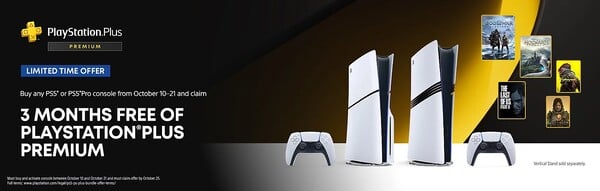 即日起至 10 月 21 日期间，购买并激活 PS5 Pro 或 PS5 的用户将获得 3 个月的 PlayStation Plus Premium。(图片来源：PlayStation）