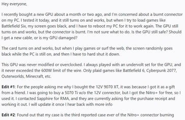 蓝宝石 Nitro RX 9070 XT 12VHPWR 连接器故障。(图片来源:Reddit 上的 r/pcmasterrace)