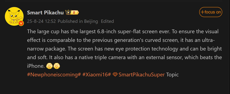 智能皮卡丘关于小米 16 Pro 的报道（图片来源：微博 - 机器翻译）